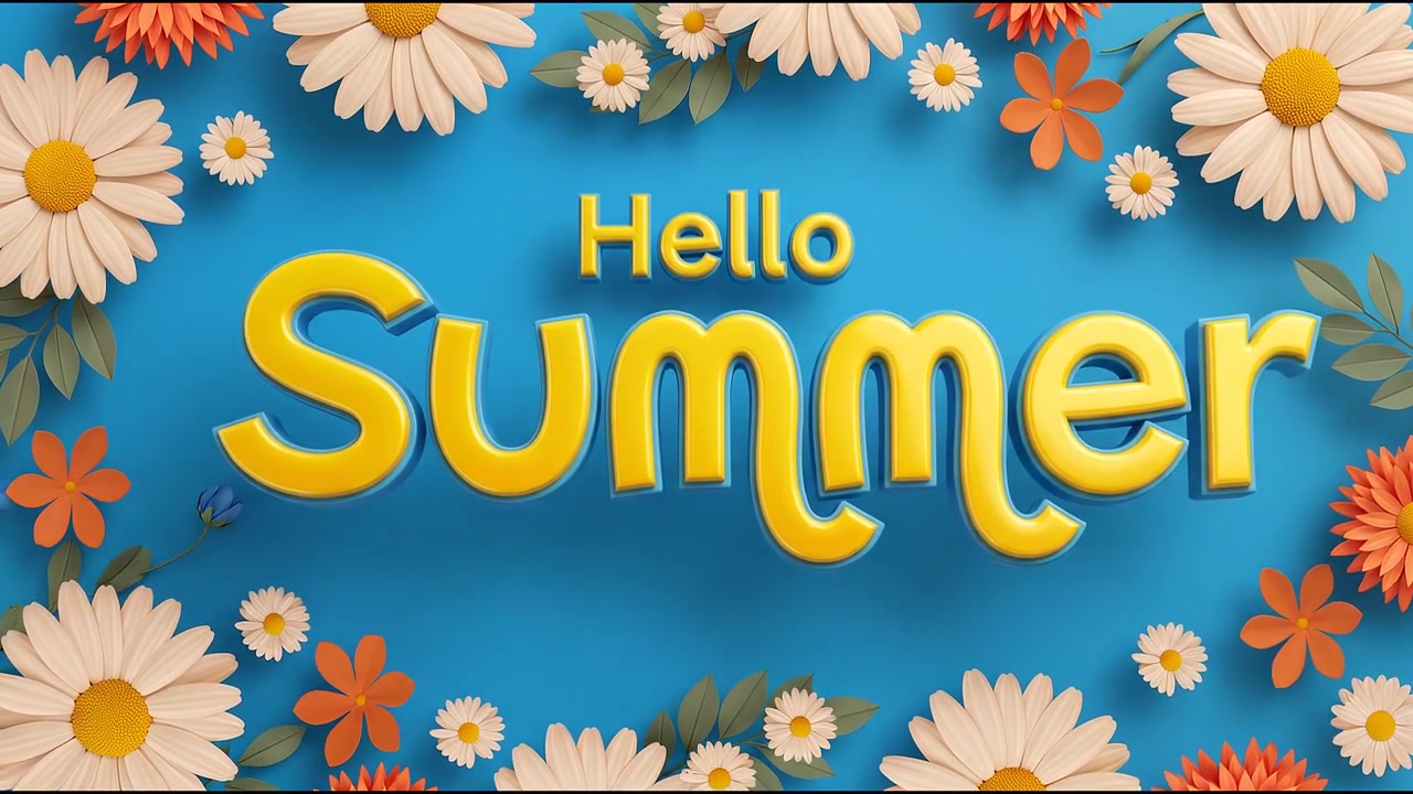 Hello Summer Floral Banner Animation with Bright Yellow Typography on Blue Background