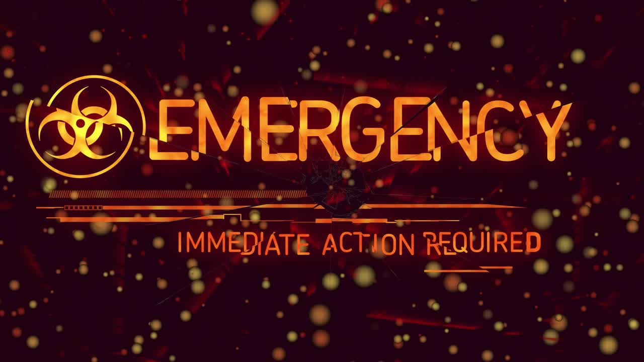 Caricamento dell'icona di rischio biologico in evidenza, animazione del testo EMERGENZA, che segnala la necessità di un'azione immediata