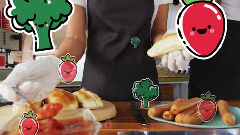 animación de iconos de verduras y frutas sobre diversos chefs cocinando