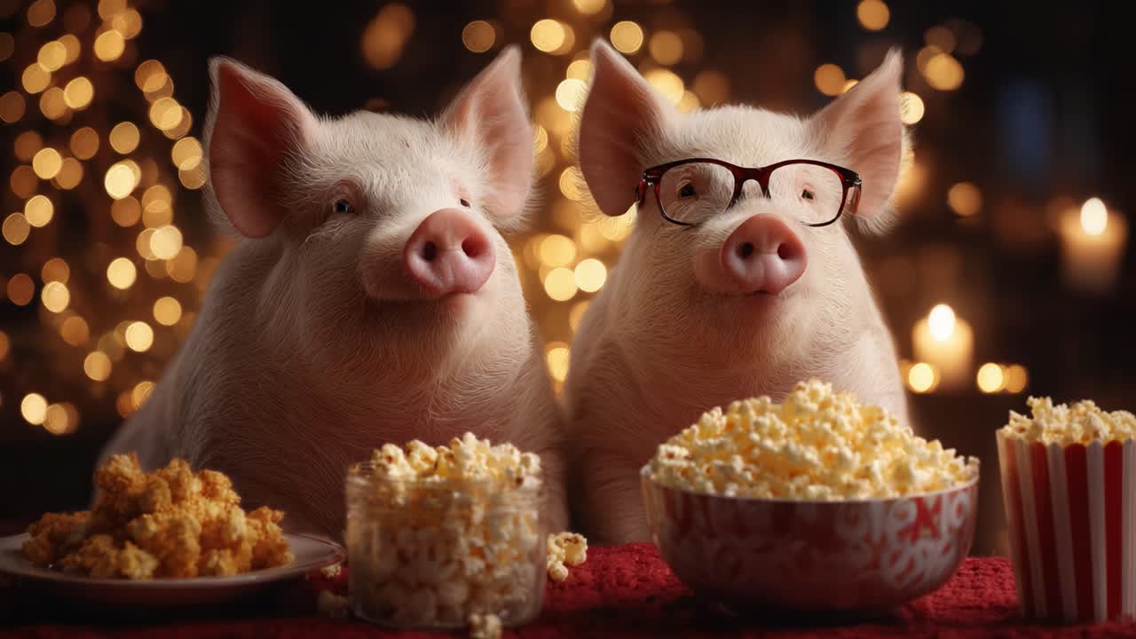 Two adorable pigs enjoying a cozy movie night surrounded by popcorn and festive lights, illustrating a fun and whimsical moment of animal companionship and indulgence