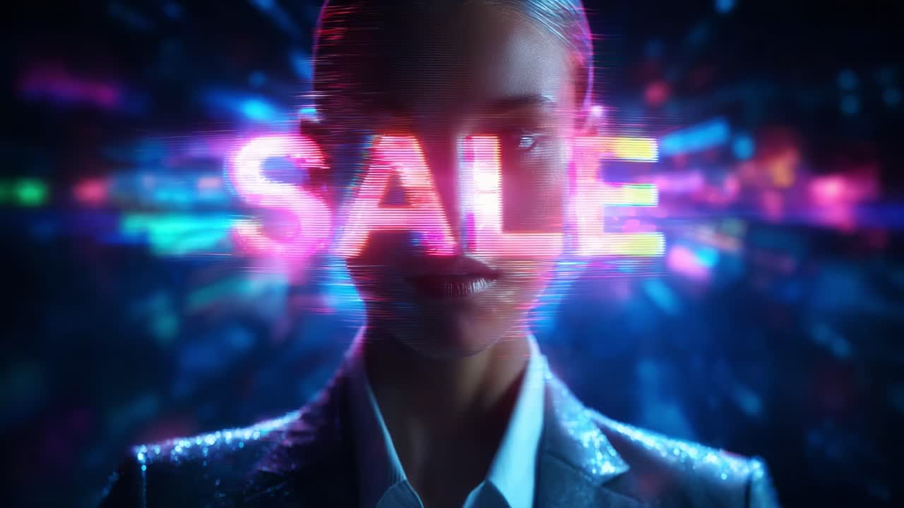 A captivating visual experience highlighting a striking model set against a dynamic, colorful background, featuring the word 'SALE' prominently displayed to draw attention