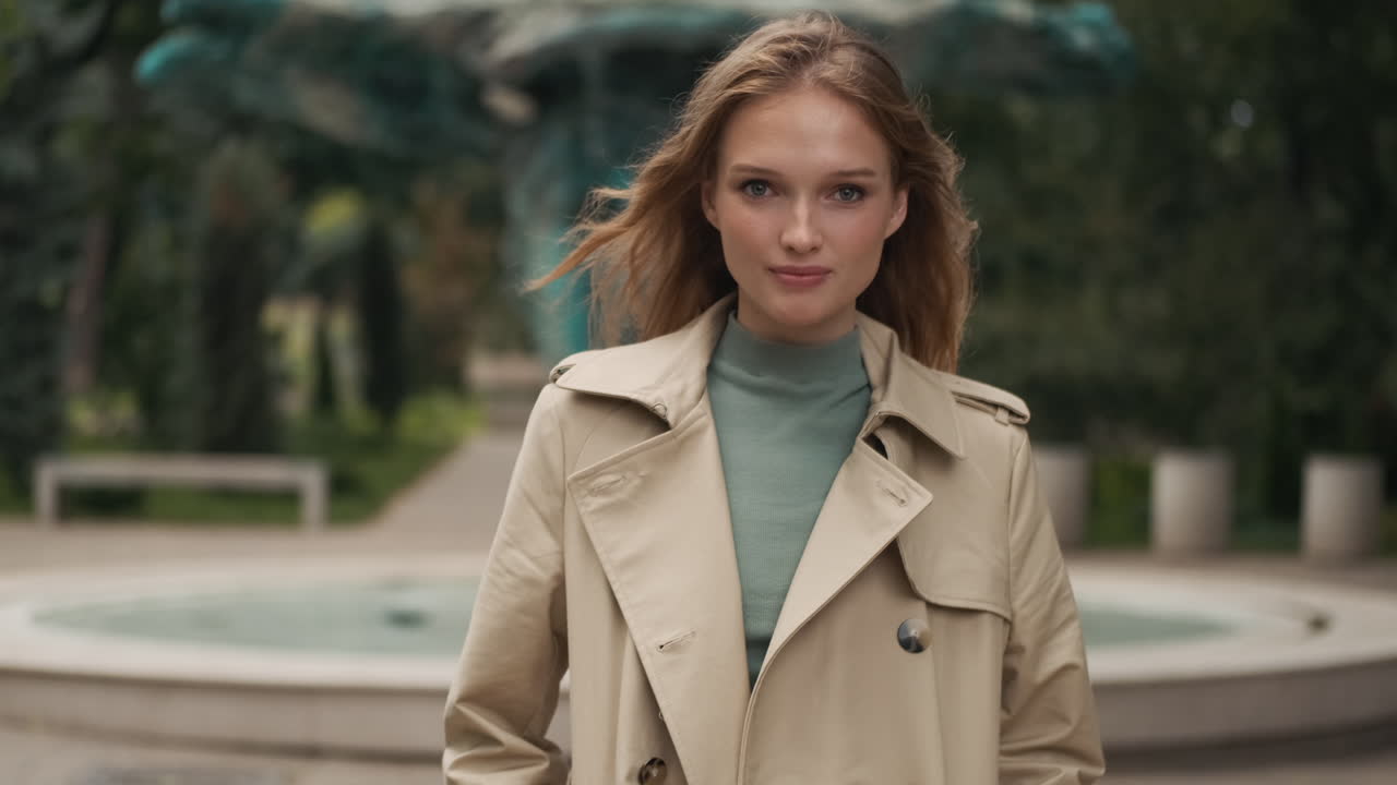 백인 여성이 카메라를 바라보고 야외에서 웃고 있습니다.