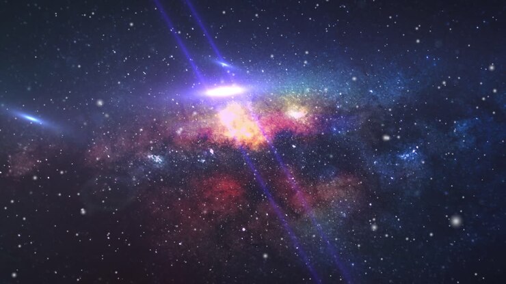 a nebula cloud moving in the distance with blue rays nearby