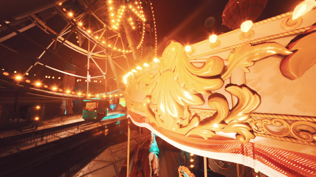 An empty amusement park at night with glowing lights and vibrant rides