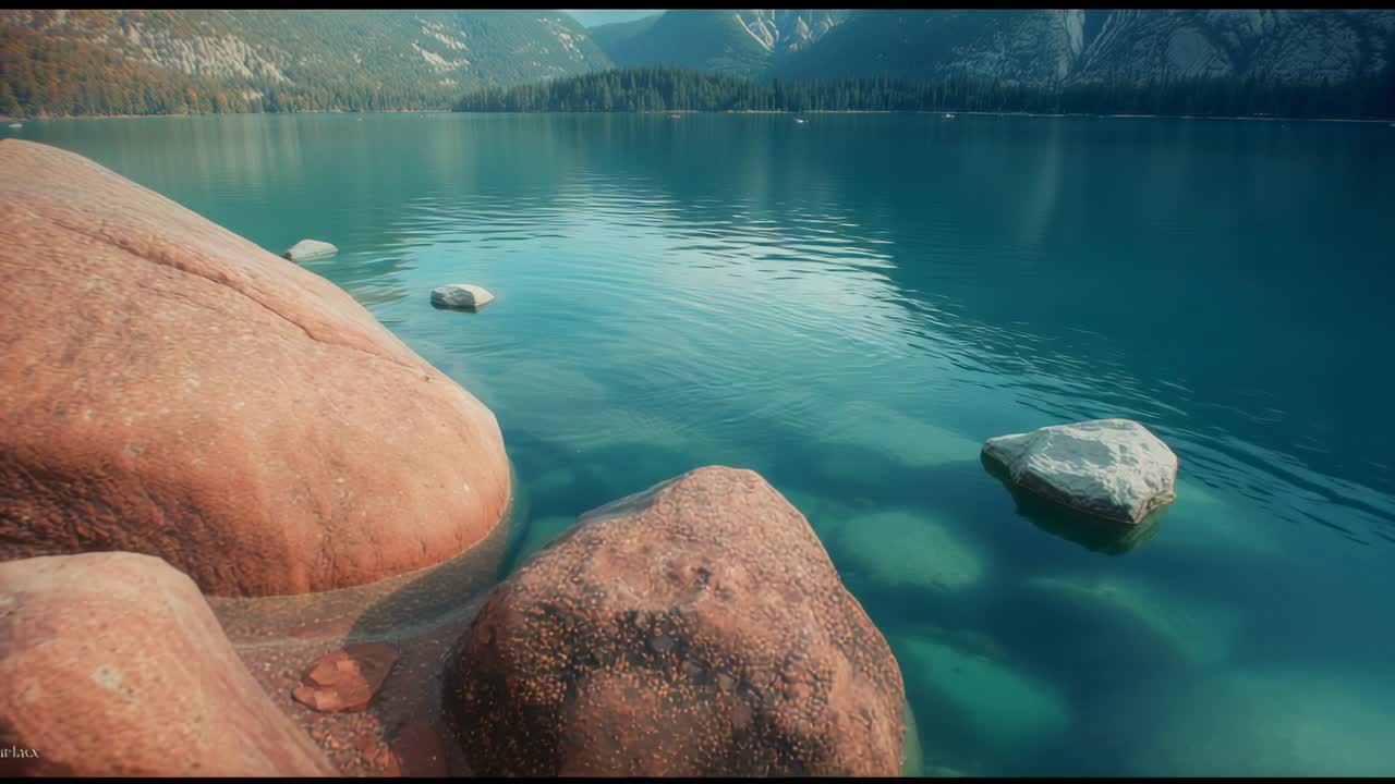 Panning camera after shot past granite boulders at alpine lake, revealing submerged stones