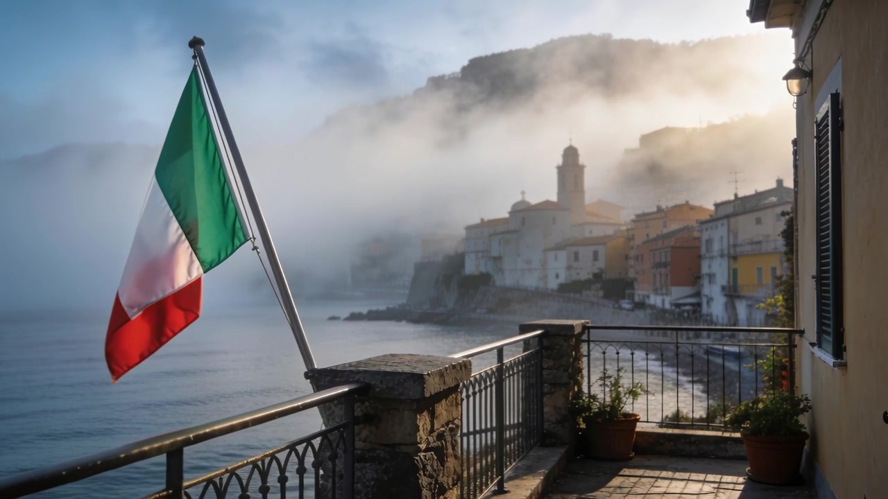 Al soffio di una leggera brezza, la bandiera tricolore si dispiega su un balcone in pietra, la nebbia si dirada per rivelare la città.