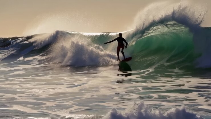 Surfer riding a wave at sunset