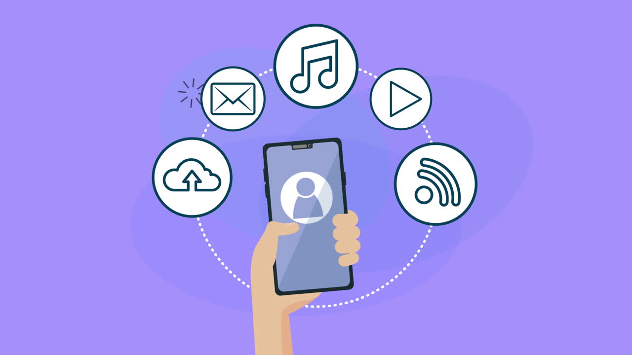 mano usando el teléfono inteligente con animación de marketing de redes sociales