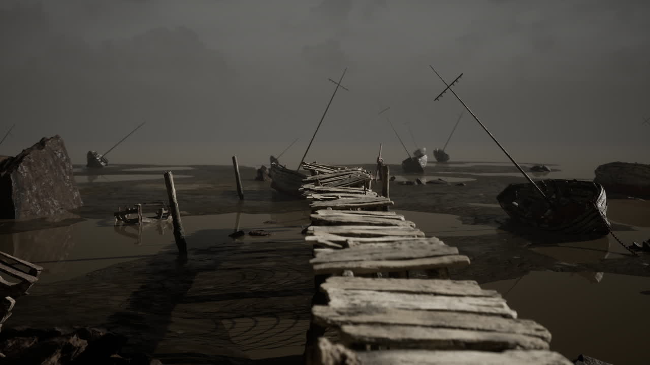 Misty waterfront landscape with wooden pier and fishing boats at dusk