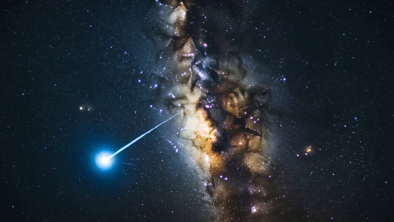 Vises øverst til højre, en lysblå meteor bevæger sig diagonalt mod venstre over et lodret Mælkevejsbånd.