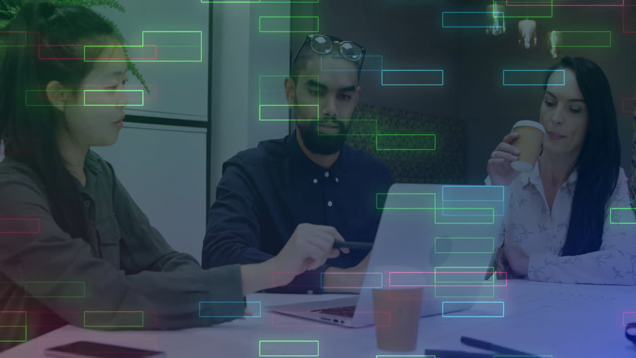 Diverse team collaborating at office with digital data processing animation overlay