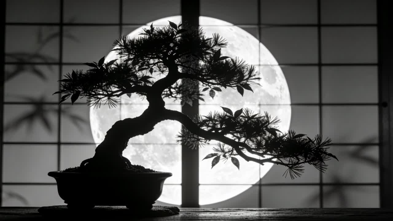 Luna piena che si sposta dietro un bonsai su uno shoji, cambiando silhouette e ombre di bambù
