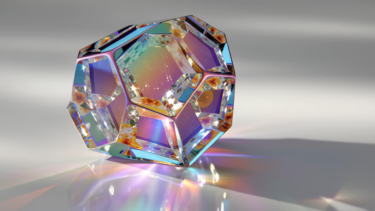 Immagini astratte di un poliedro di cristallo iridescente rotante su una superficie liscia, che rifrange colori arcobaleno e bagliori di luce, ideale per concetti di lusso, tecnologia, design o futuristici.