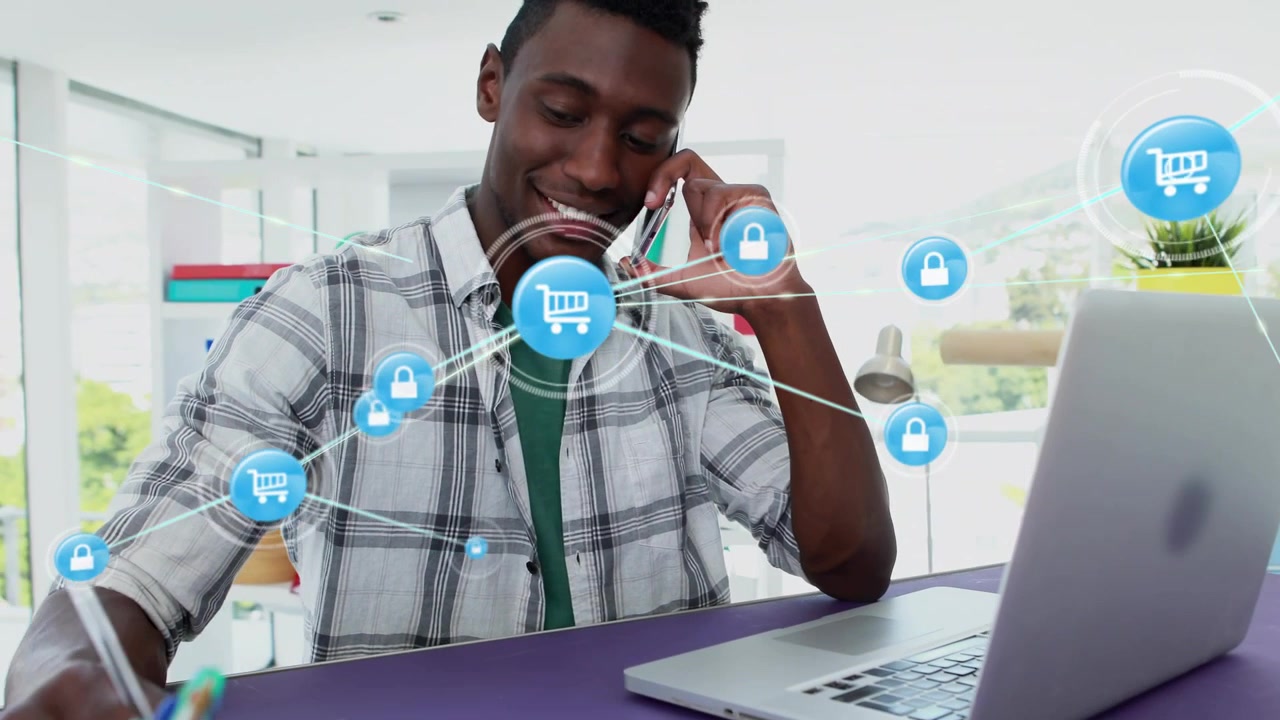 Call starting man speaking on phone, taking notes while cart and lock icons forming retail network