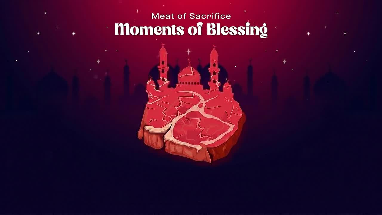 Symbolisches Eid al-Adha Opferkonzept mit Fleischstücken und Moschee-Silhouette, das das Teilen von Segen und Tradition darstellt.