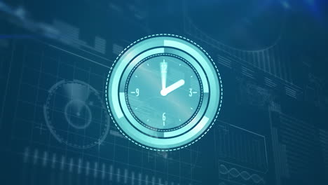 animación de un reloj que se mueve rápido, procesamiento de datos y estadísticas en pantalla