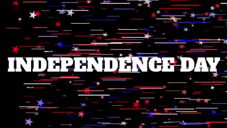 animation of words independence day with white, red and blue stars and stripes floating