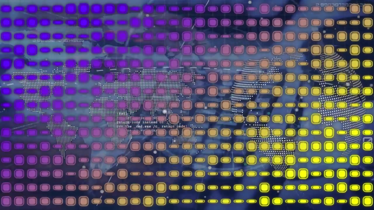 Animation of data processing over violet and yellow squares and hands of woman using computer