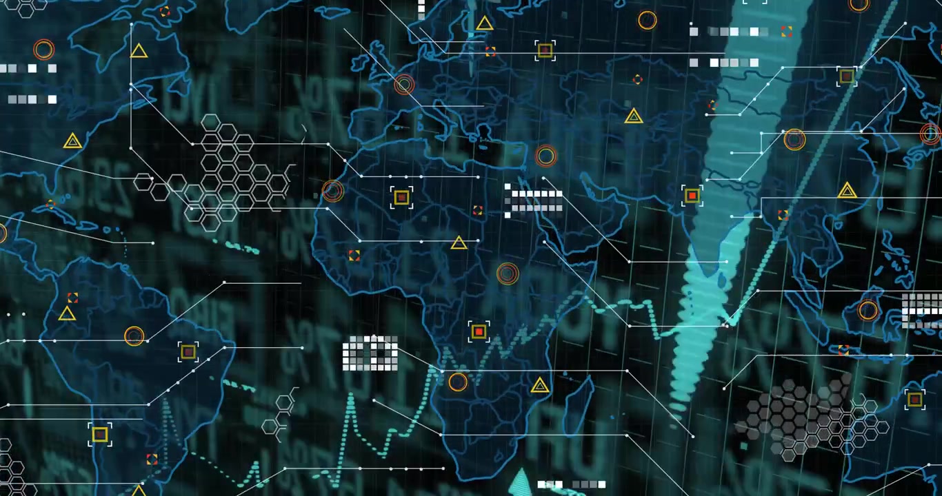 Animating digital map initiating chart climbing icons appearing arrows sliding representing growth