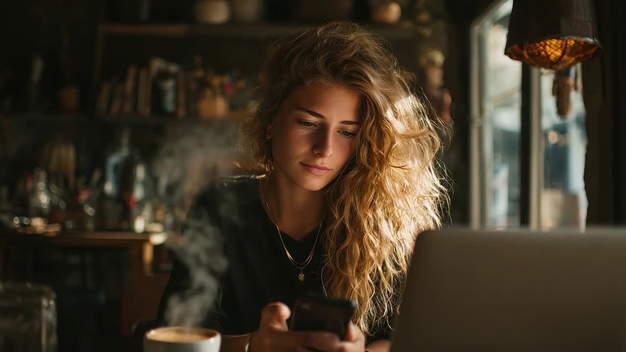 Giovane donna intenta a lavorare in un caffè sotto la luce pomeridiana.