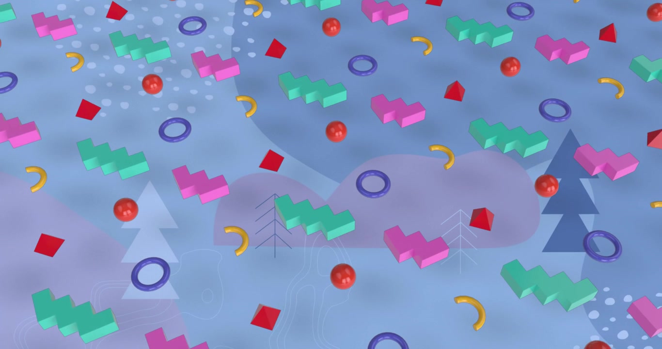 Animazione di forme astratte e colorate in un motivo continuo su icone di alberi di Natale.