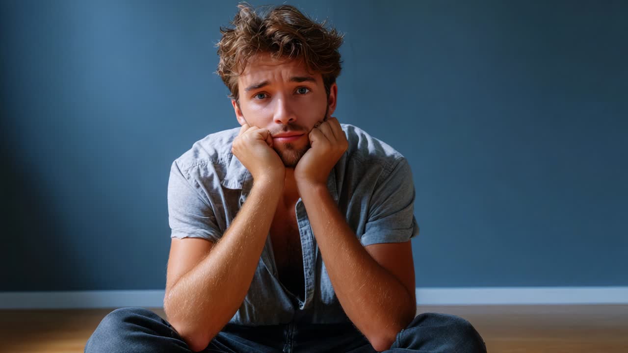 A thoughtful young man sits on the floor with his hands on his face, expressing a range of emotions from contemplation to amusement in a simple indoor setting with muted colors