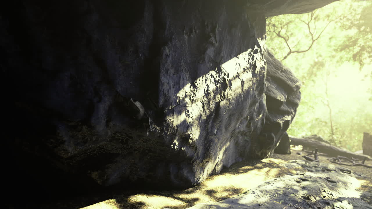 la luz del sol filtrándose a través de los árboles en un ambiente sereno de cueva forestal