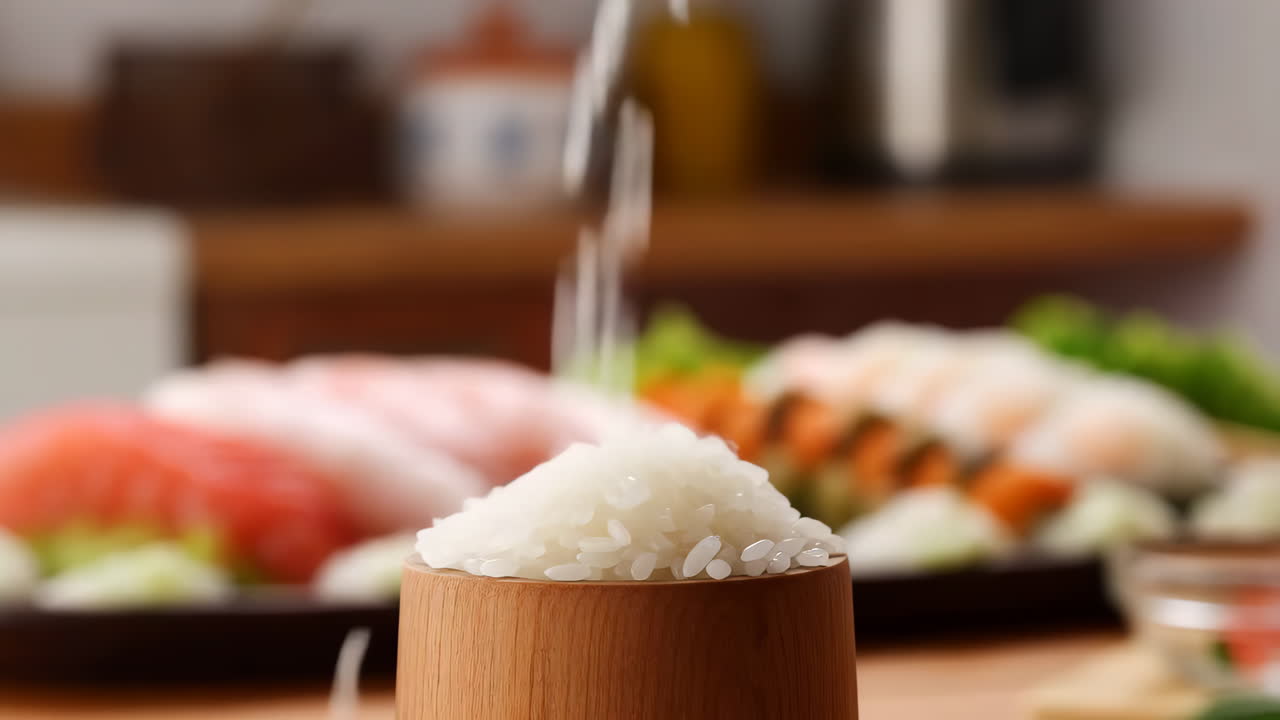Rice being poured into a wooden cup with sushi ingredients in the background