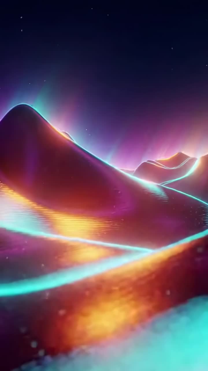 Futuristické neonové video krajiny s žhnoucími vlnami, natočeno z perspektivy nízkého úhlu