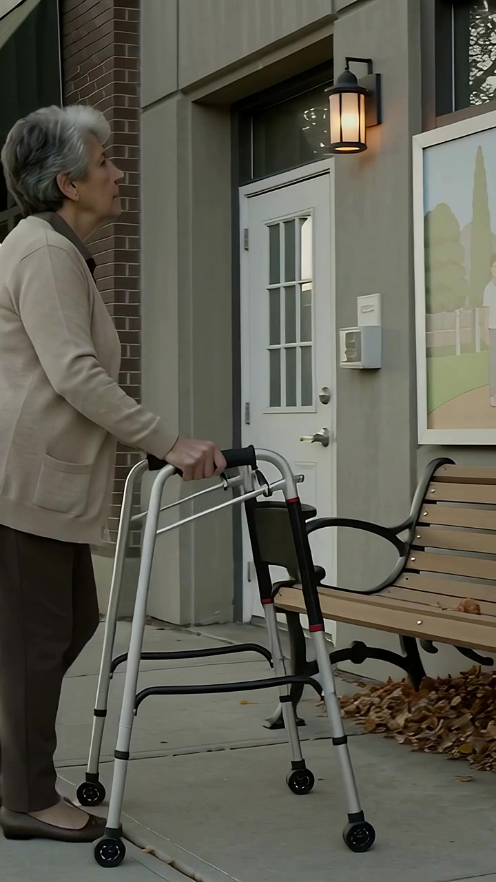 Vertical video: Entering frame older woman with walker by shop pausing to view mural, copy space