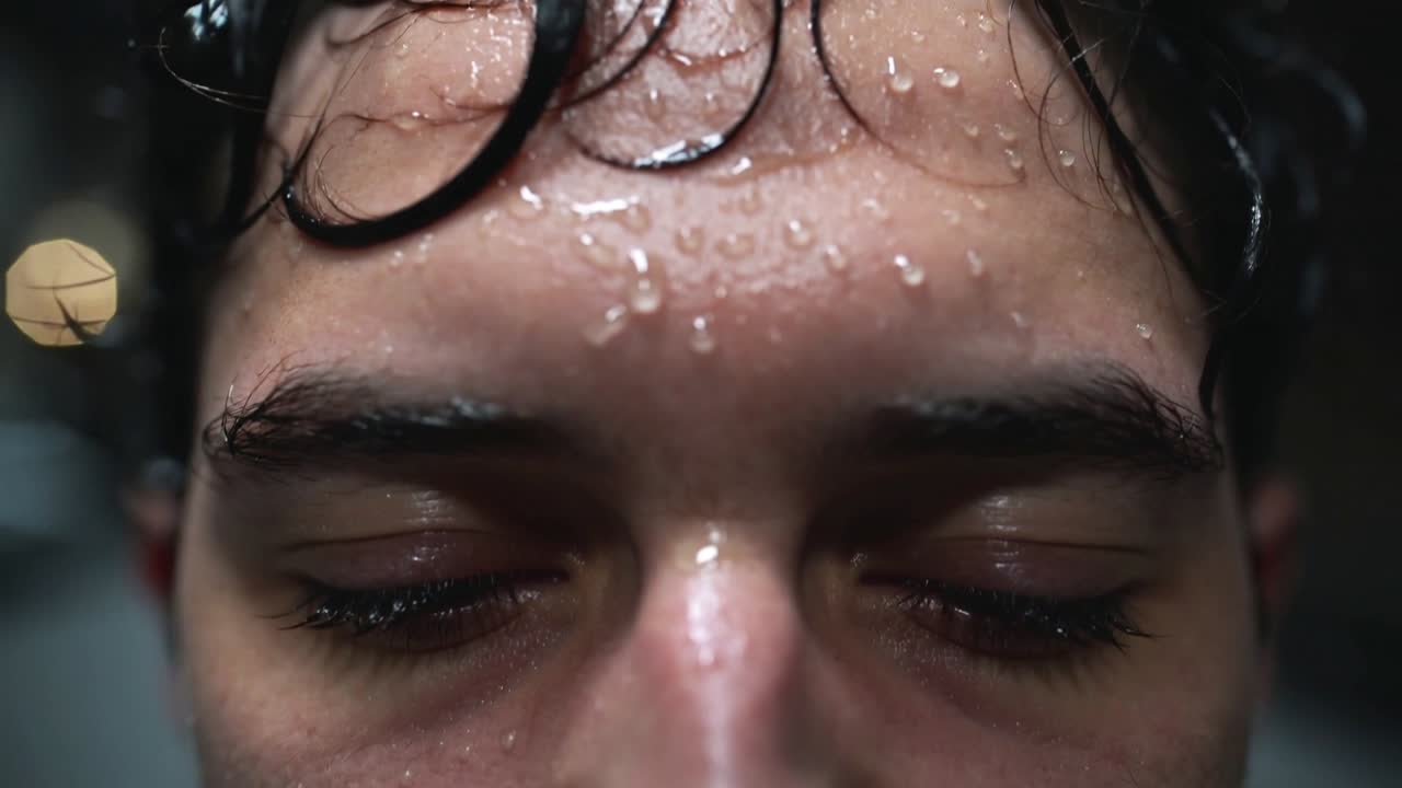 Capturando a un hombre hispano con los ojos cerrados mientras el agua corriente forma gotas en su frente en la ducha.