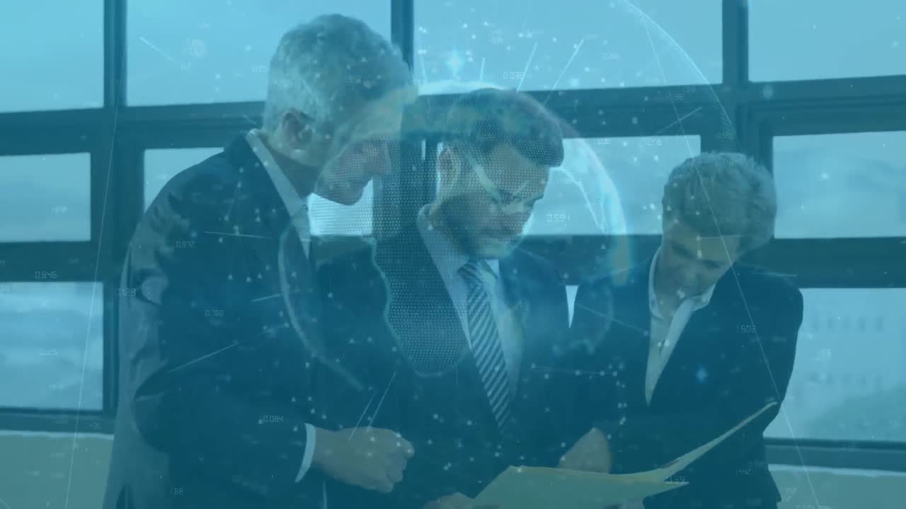 다양한 사업가들이 사무실에서 전 세계를 돌아다니며