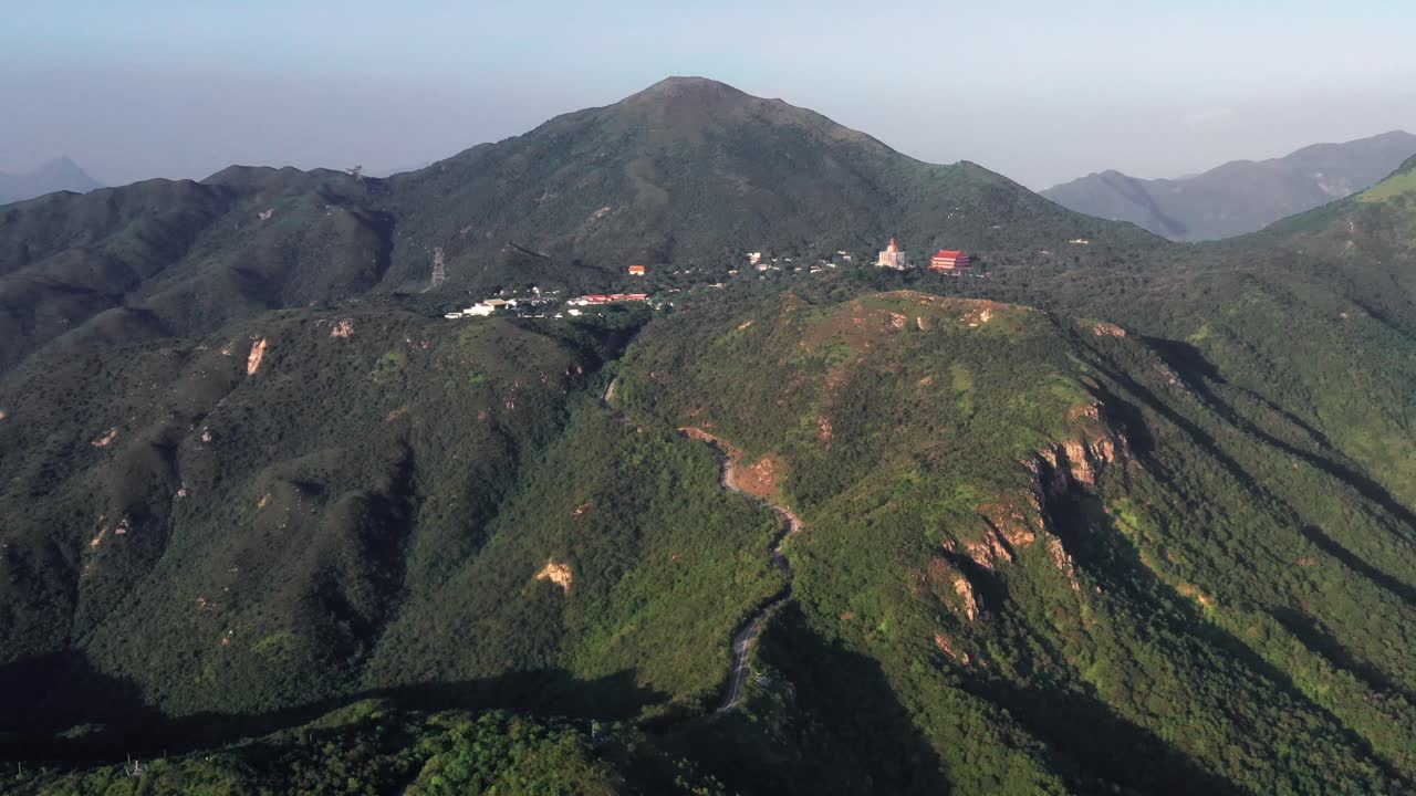 Aerial view of beach and sea among seaside buildings in Peng Chau on Lantau Island in Hong Kong. Lantau Island, Shek Pik Reservoir countryside of Hong Kong city Top view