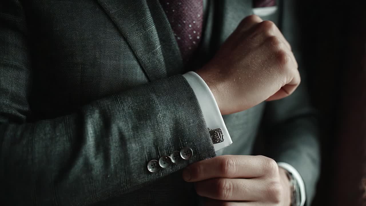 Elegant Gentleman Adjusting Cufflink and Showcasing Tailored Suit with Classy Vest and Tie in Subtle Lighting for a Stylish Presentation