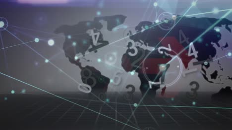 animación del procesamiento de datos, con una red de conexiones sobre el mapa del mundo