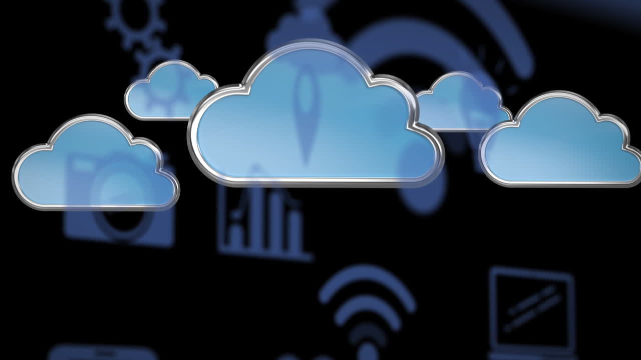 Animazione di nuvole blu e icone digitali che volano su sfondo nero.