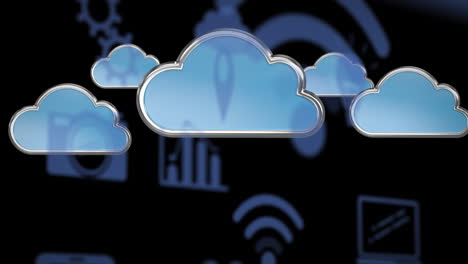 animación de nubes azules e iconos digitales que vuelan sobre un fondo negro