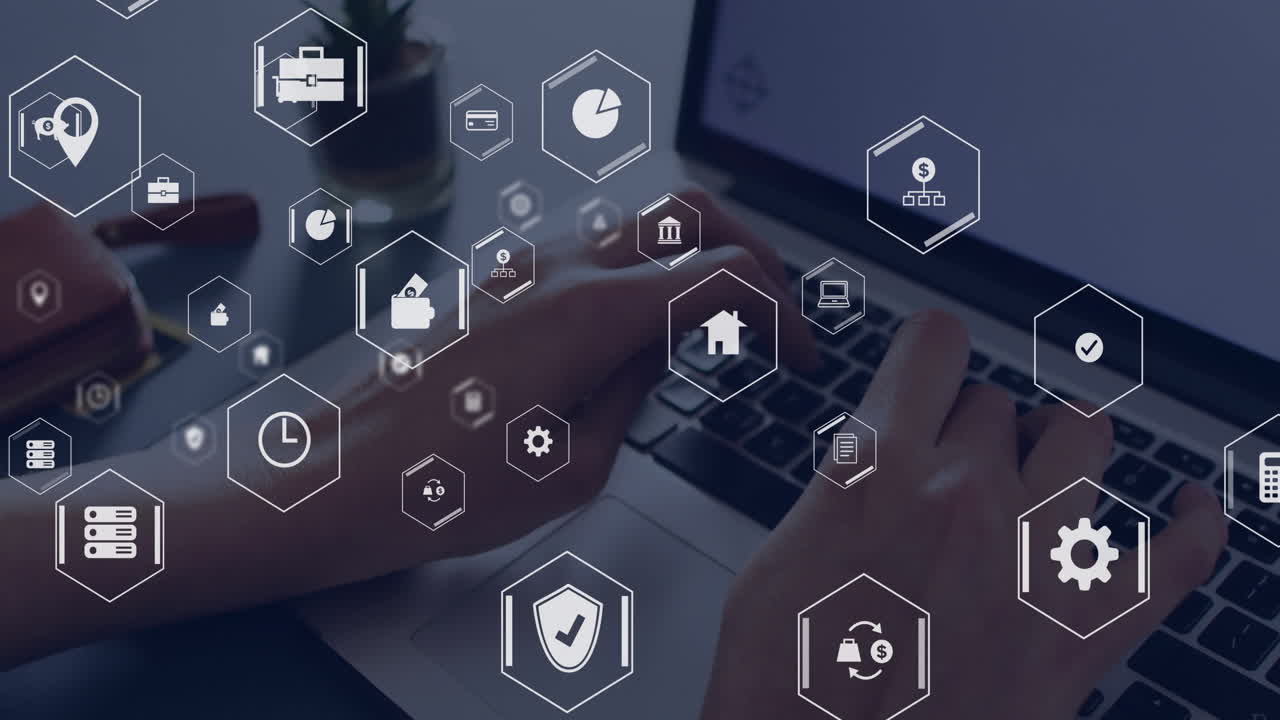 animación de iconos de negocios sobre mujer de negocios caucásica usando portátil