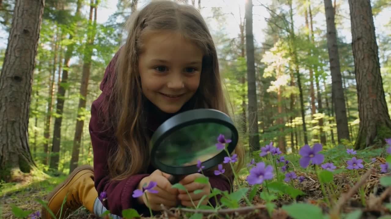 Curious Child Examining Tiny Flowers with Magnifying Glass in Forest