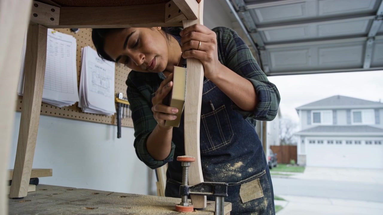 C-clamp clamping leg denim-aproned maker sanding curved leg in garage with sanding block for finish