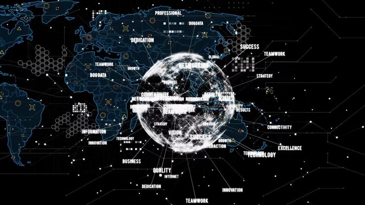 Animation of globe of network of connections spinning and data processing over world map