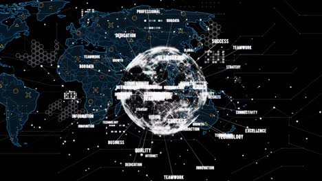 animation of globe of network of connections spinning and data processing over world map
