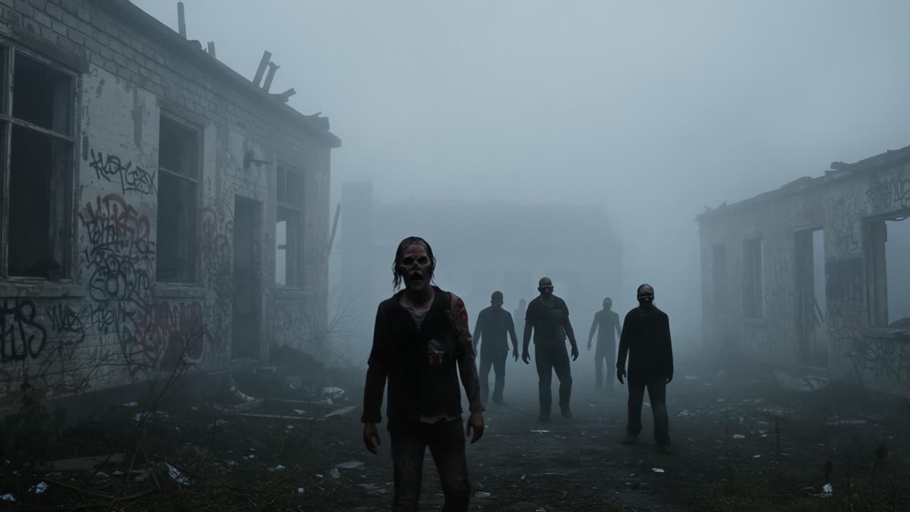 A haunting encounter in an abandoned building, shrouded in fog and echoing with the chilling presence of masked figures lurking in the shadows, ready to instill fear