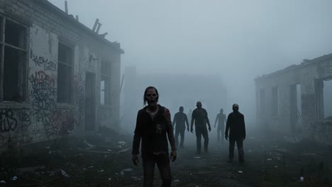 a haunting encounter in an abandoned building, shrouded in fog and echoing with the chilling presence of masked figures lurking in the shadows, ready to instill fear