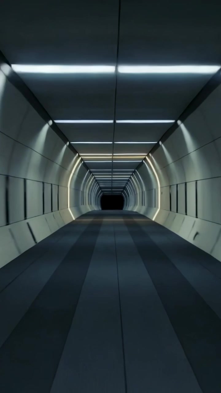 Video verticale: Un lungo corridoio vuoto che si muove in avanti mentre le luci si illuminano, rivelando un profilo ad arco illuminato.