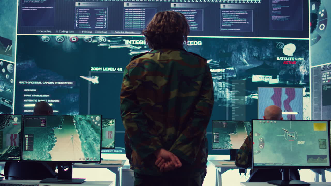 Military surveillance officers talk next to big screen in general headquarters