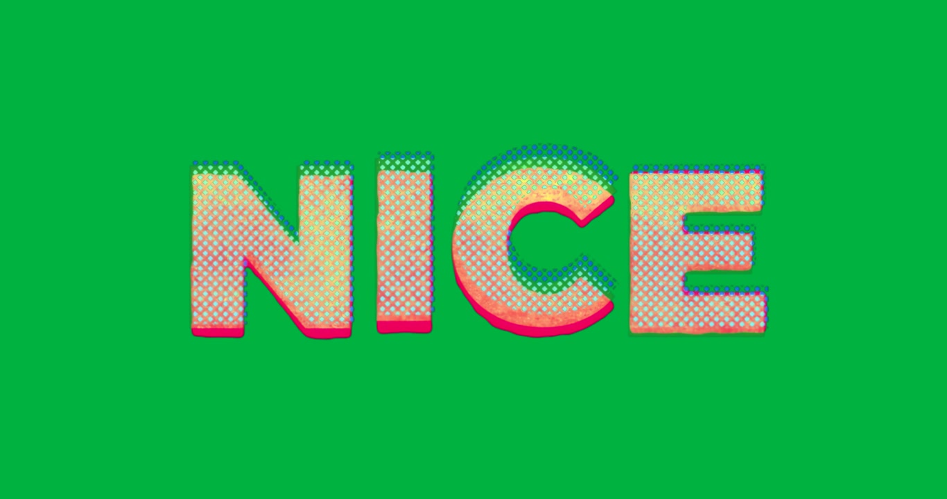 Mostrando il testo NICE su sfondo trasparente, griglia a rombi e frange cromatiche per il graphic design.