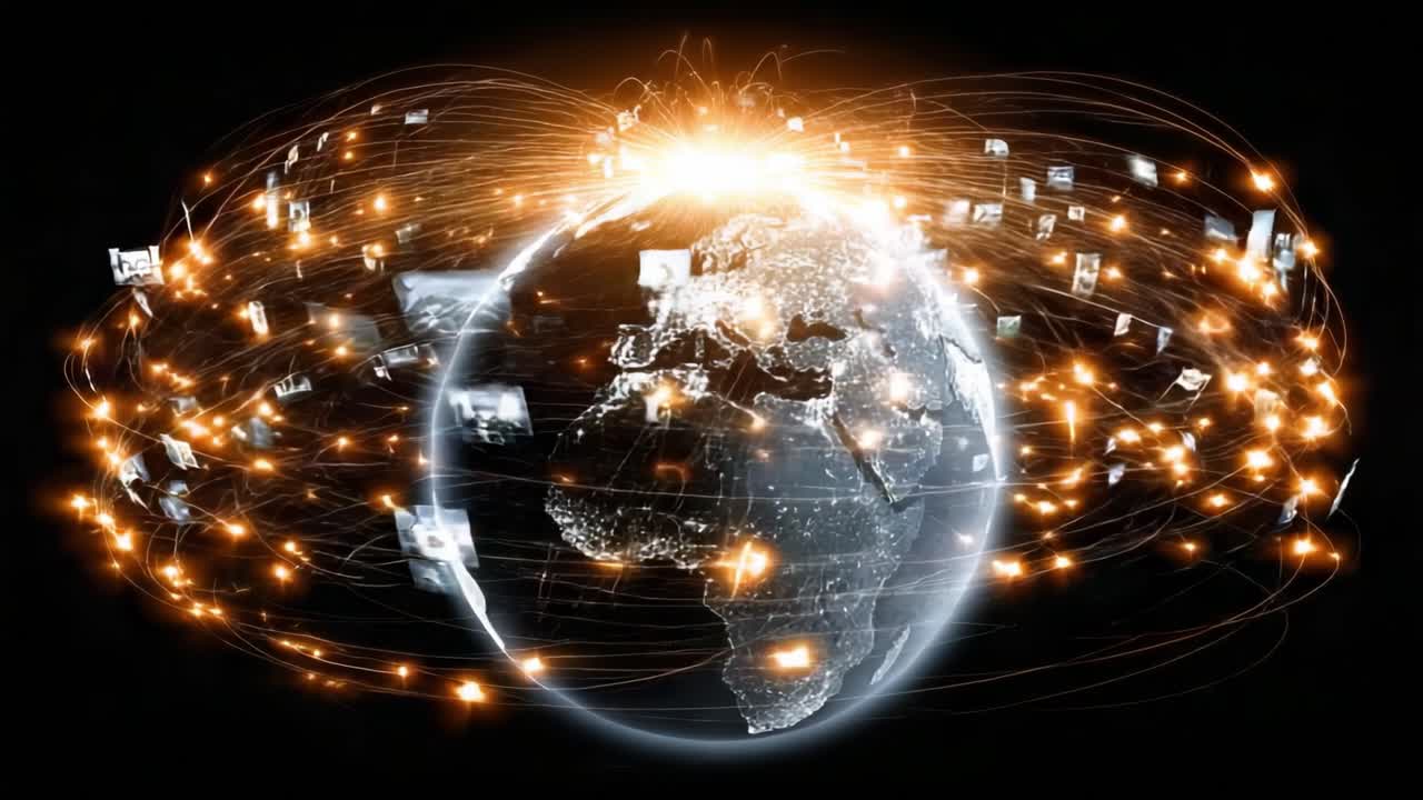 Dynamic Global Connectivity: An Illuminated Earth Surrounded by Streams of Data Representing the Flow of Information and Technology Everywhere