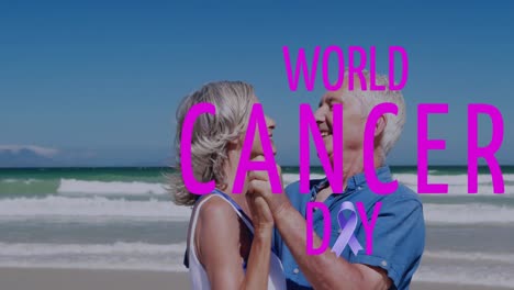 animation of world cancer day over happy caucasian senior couple dancing on beach