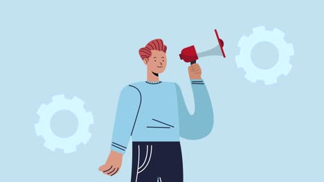 young businessman with megaphone and gears
